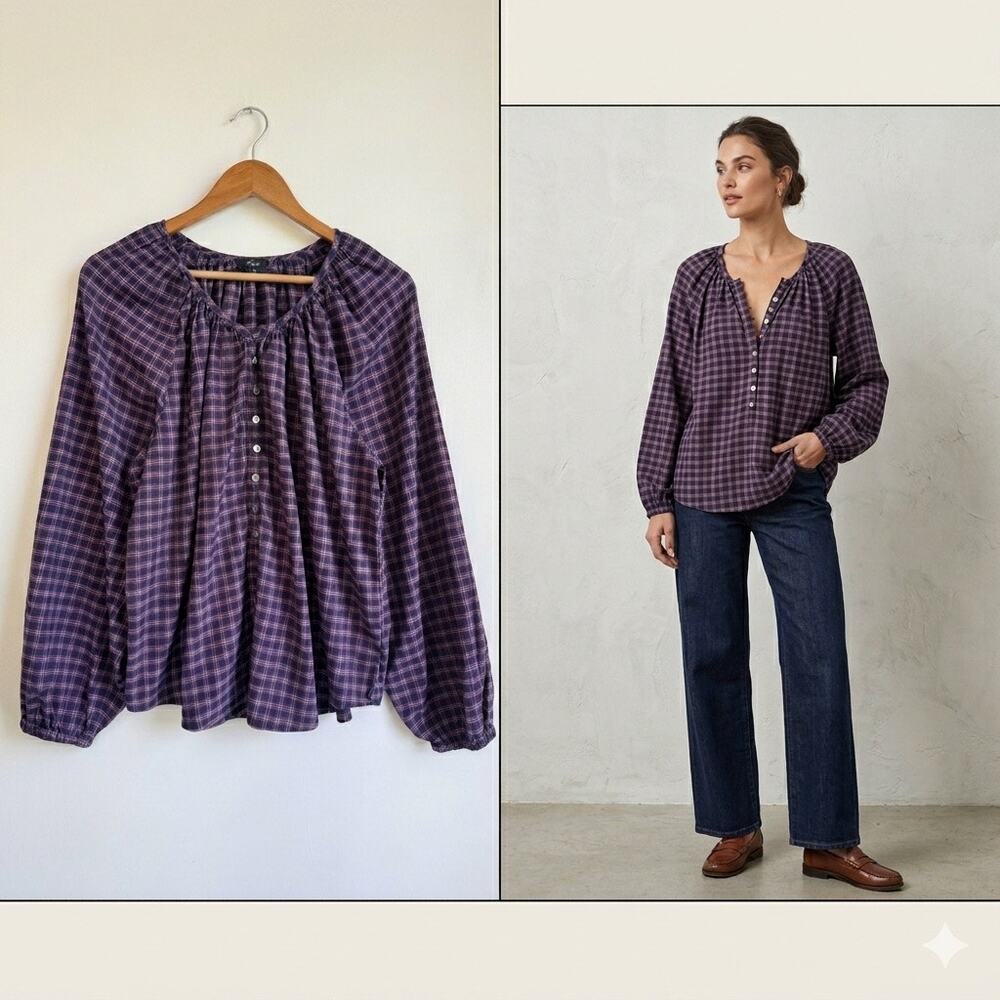 Rails Large Purple Plaid Button Front Blouse Long Sleeve Gathered Neck Top L